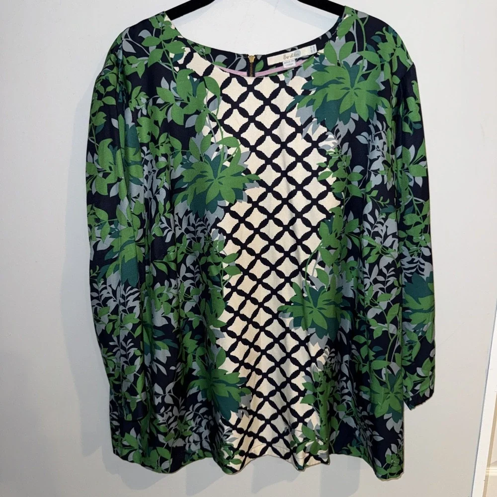 Boden Elisa top short sleeve silk blend‎ back zips up blue green ivory, size 18